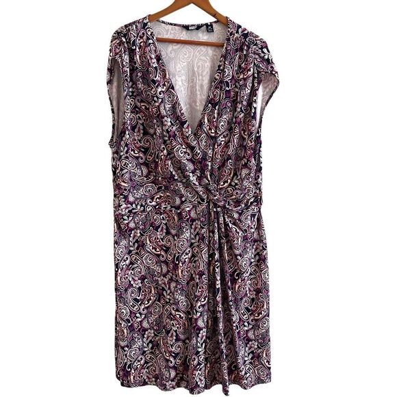 Lands End Faux Wrap Paisley Stretch Dress 3X Purple Plus Size V Neck Classic - Picture 1 of 12